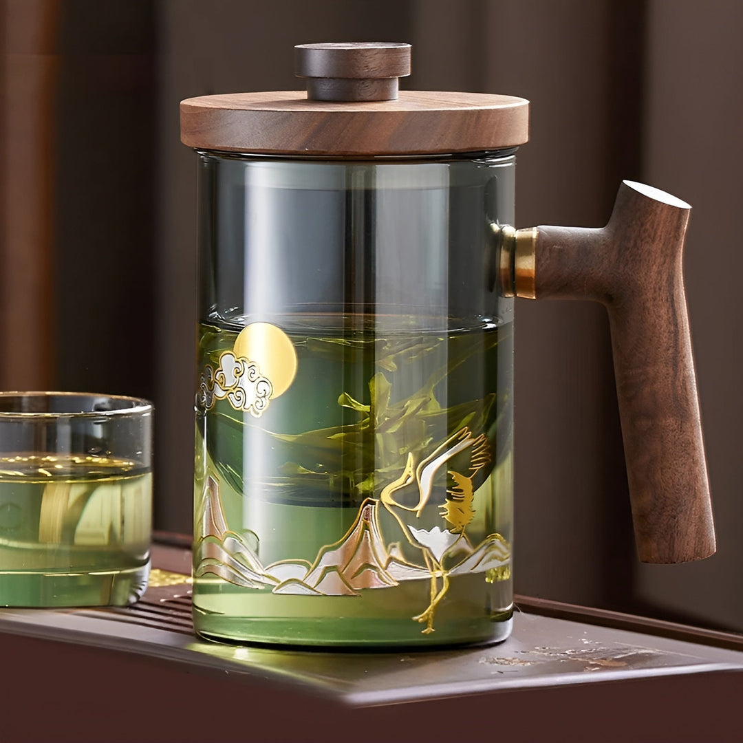 Glass tea cup with wooden handle - Heat resistant & with tea strainer | Ideal for home | Stornfield