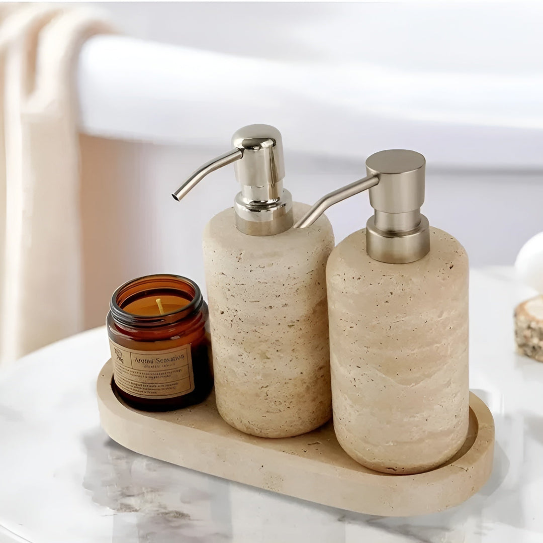 Natural stone toothbrush holder – with soap dispenser and shelf | Elegant bathroom accessories made of travertine | Stornfield