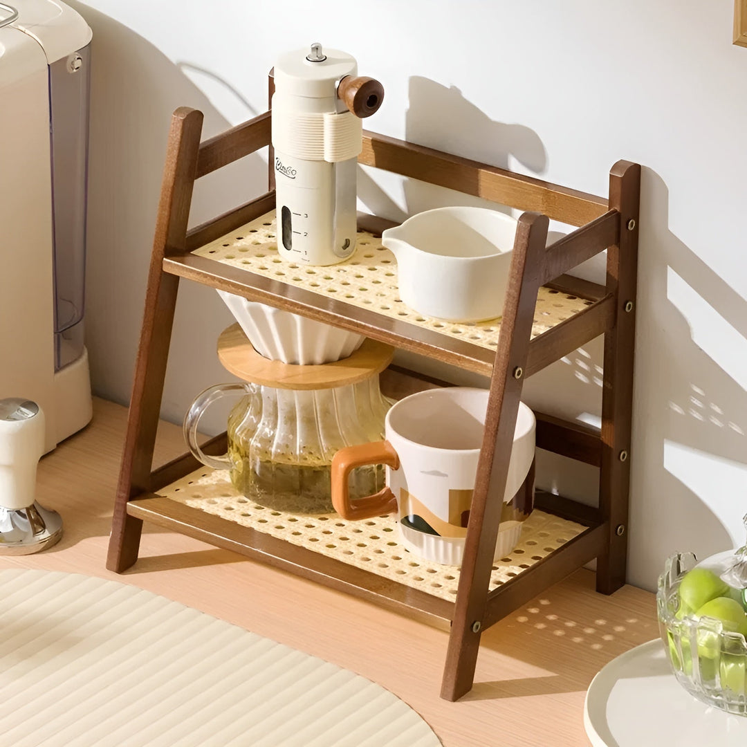 Bamboo imitation kitchen shelf – 2-tier organizer for cups & accessories | Stornfield