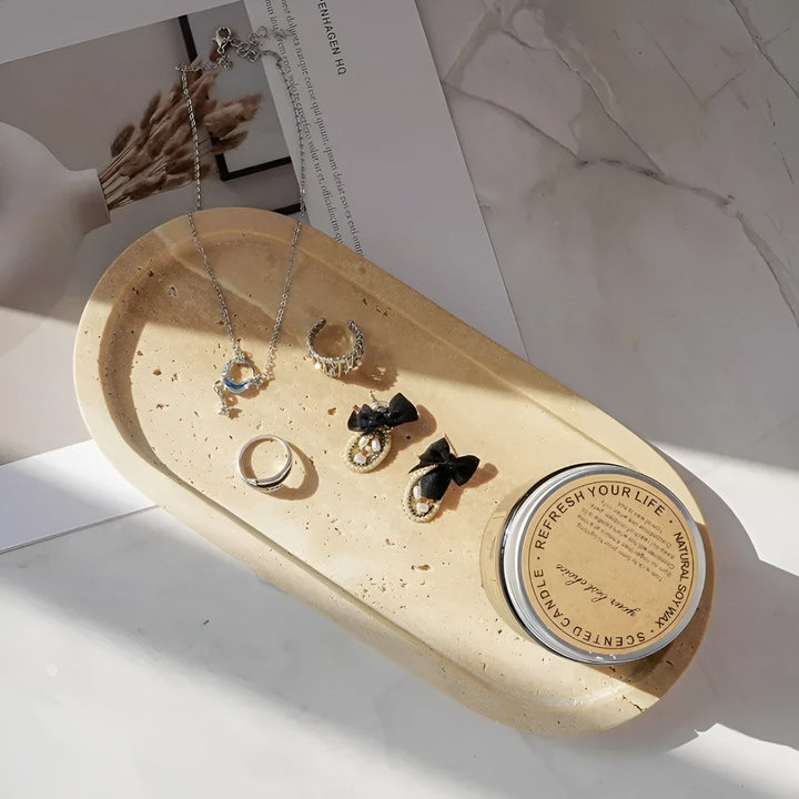 Natural stone toothbrush holder – with soap dispenser and shelf | Elegant bathroom accessories made of travertine | Stornfield