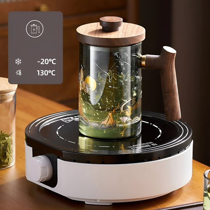 Glass tea cup with wooden handle - Heat resistant & with tea strainer | Ideal for home | Stornfield
