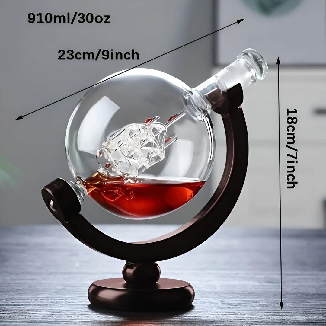 Whisky Decanter Set in Globe Shape – Lead-Free Carafe with Wooden Stand | Includes 2 Whisky Glasses | Stornfield