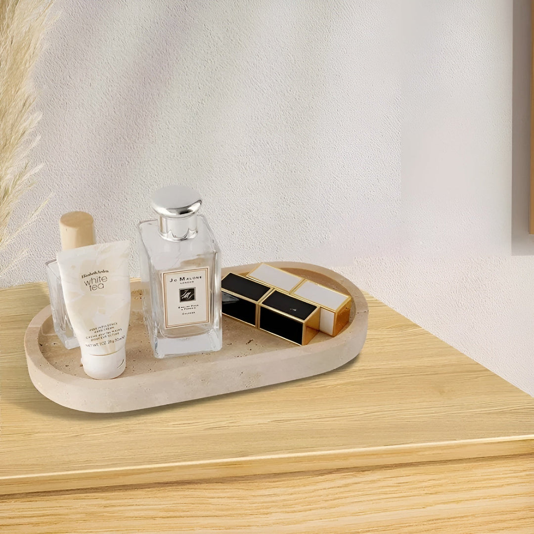 Natural stone toothbrush holder – with soap dispenser and shelf | Elegant bathroom accessories made of travertine | Stornfield