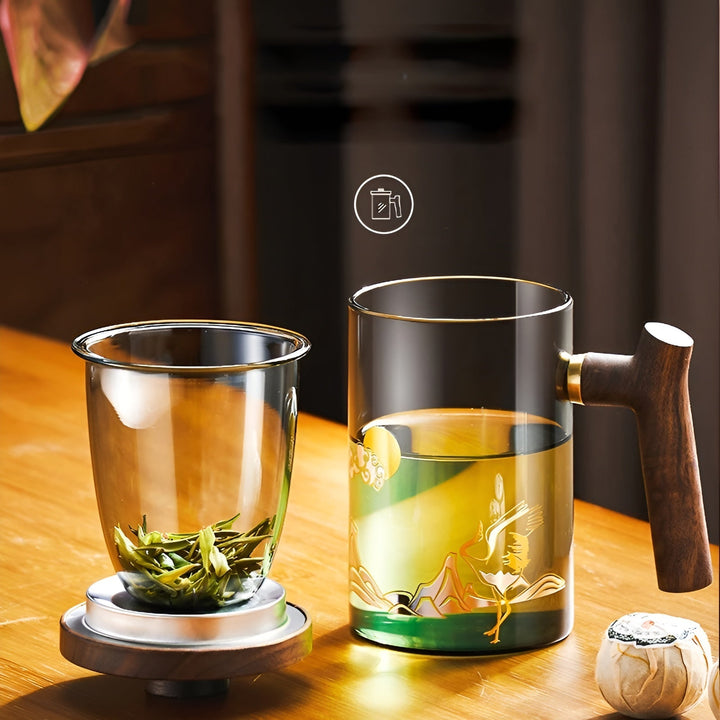 Glass tea cup with wooden handle - Heat resistant & with tea strainer | Ideal for home | Stornfield