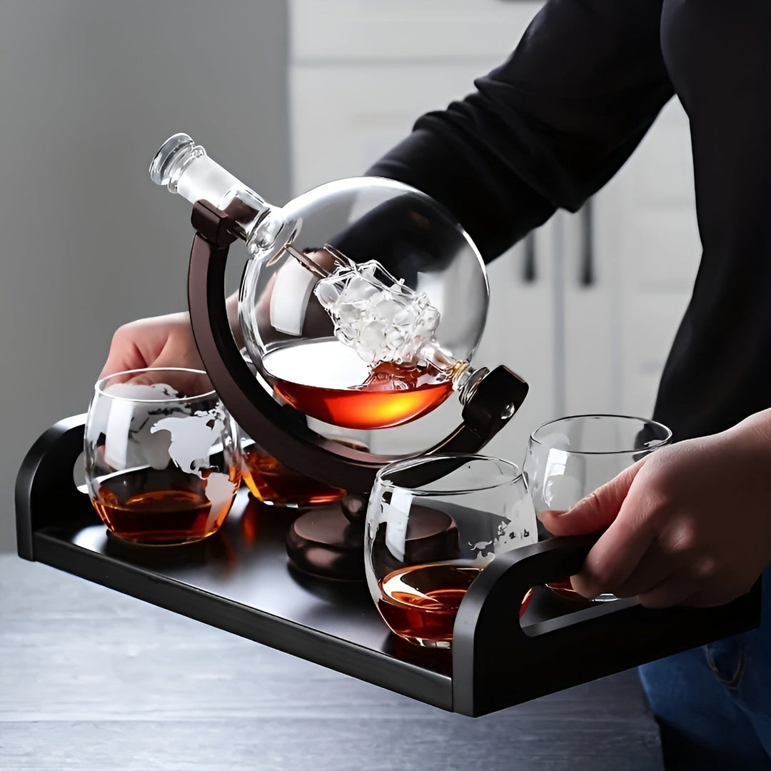 Whisky Decanter Set in Globe Shape – Lead-Free Carafe with Wooden Stand | Includes 2 Whisky Glasses | Stornfield