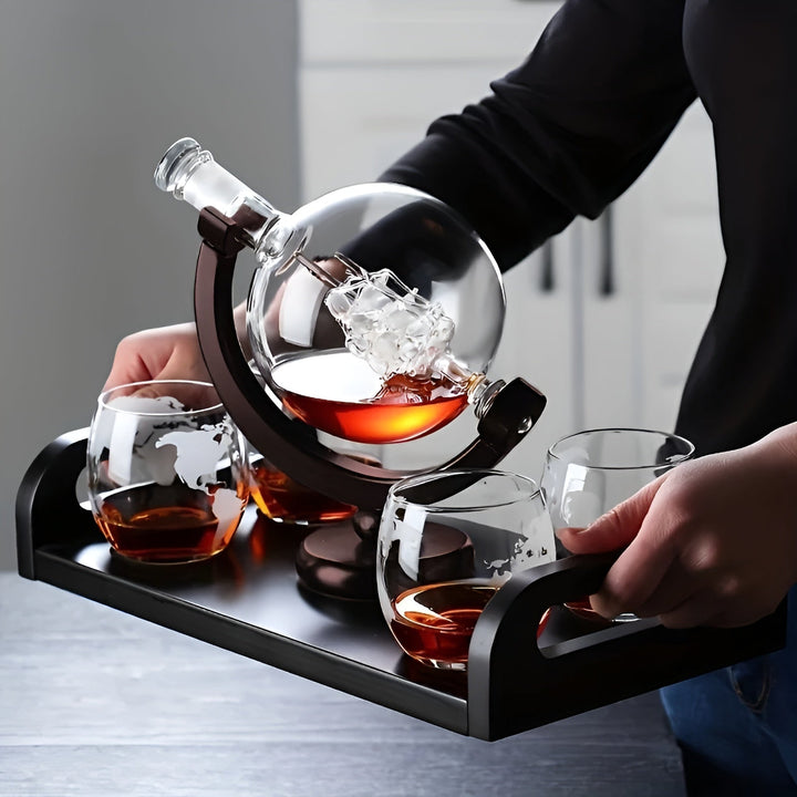Whisky Decanter Set in Globe Shape – Lead-Free Carafe with Wooden Stand | Includes 2 Whisky Glasses | Stornfield