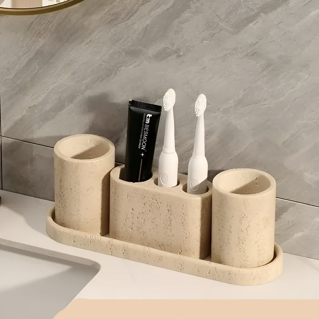 Natural stone toothbrush holder – with soap dispenser and shelf | Elegant bathroom accessories made of travertine | Stornfield