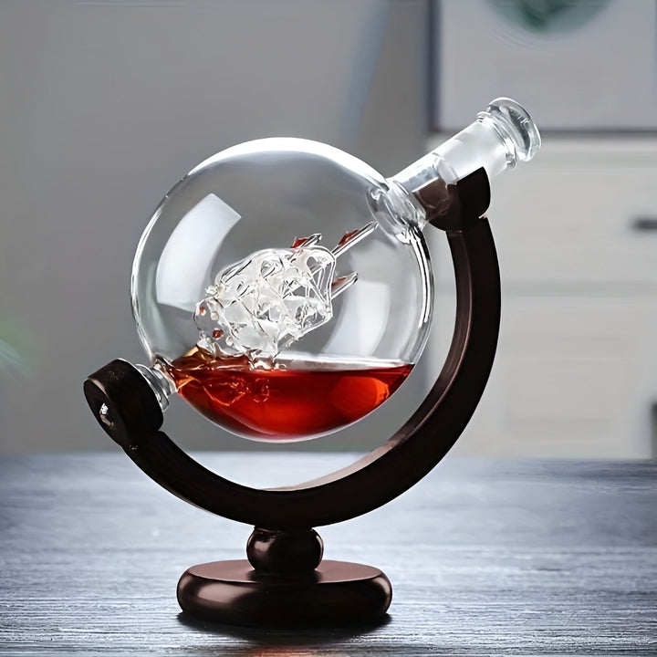 Whisky Decanter Set in Globe Shape – Lead-Free Carafe with Wooden Stand | Includes 2 Whisky Glasses | Stornfield