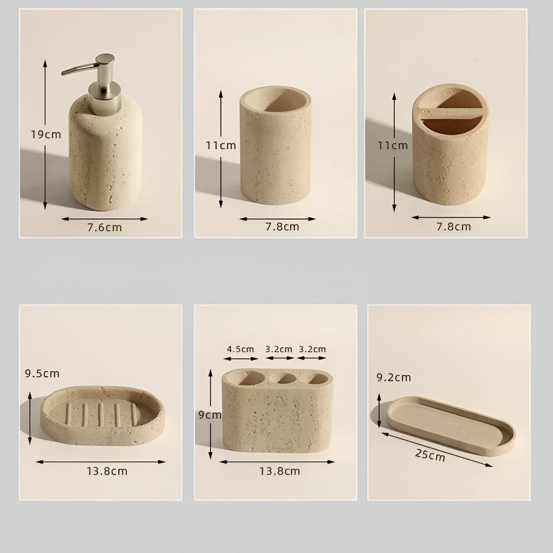 Natural stone toothbrush holder – with soap dispenser and shelf | Elegant bathroom accessories made of travertine | Stornfield