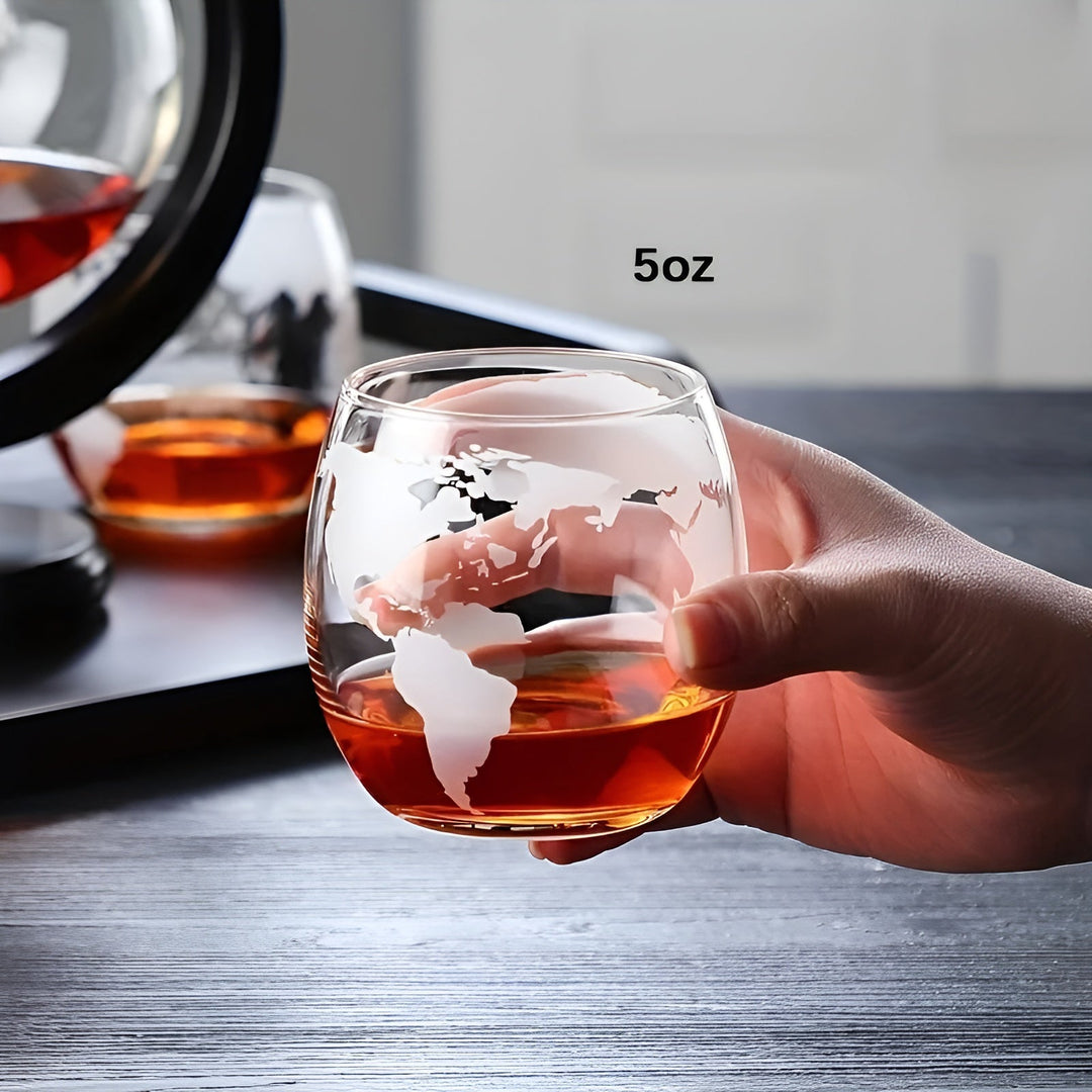 Whisky Decanter Set in Globe Shape – Lead-Free Carafe with Wooden Stand | Includes 2 Whisky Glasses | Stornfield