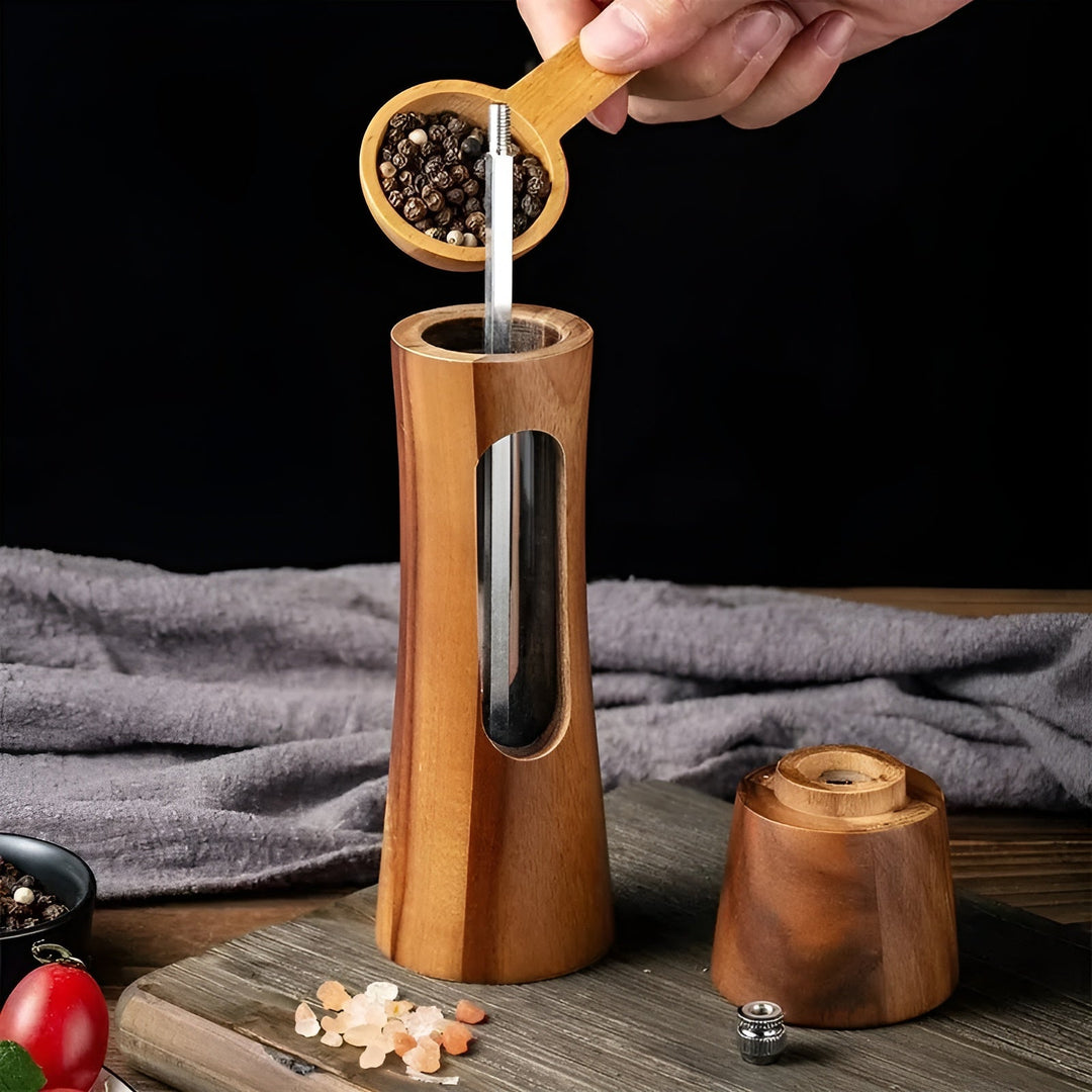 Manual salt and pepper mills – wood design with acrylic window | Set of 2 mills | Stornfield