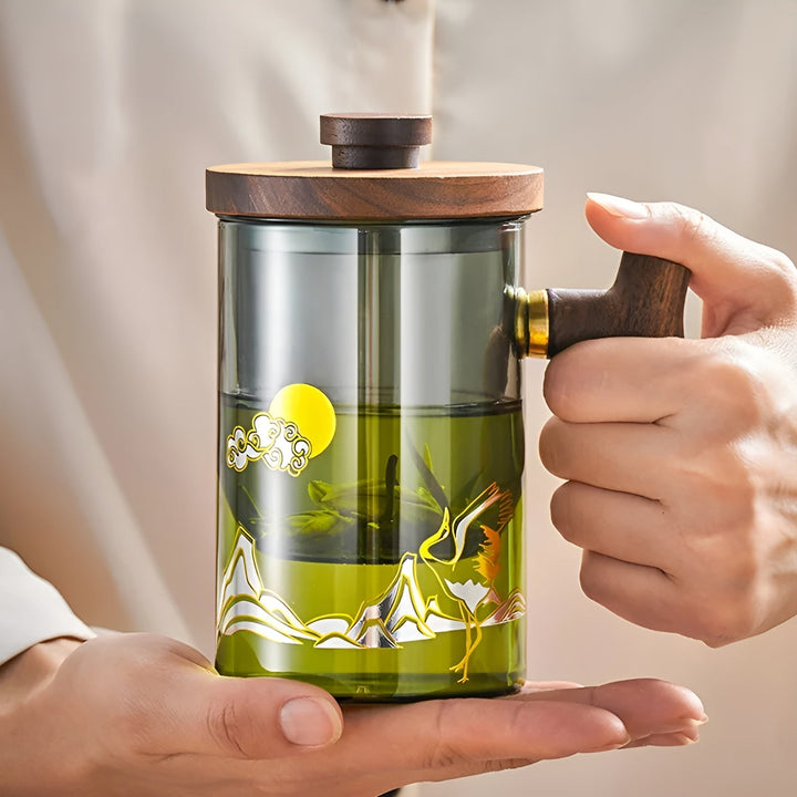 Glass tea cup with wooden handle - Heat resistant & with tea strainer | Ideal for home | Stornfield