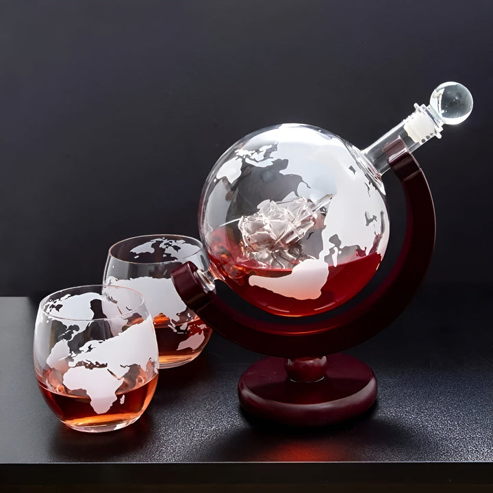 Whisky Decanter Set in Globe Shape – Lead-Free Carafe with Wooden Stand | Includes 2 Whisky Glasses | Stornfield