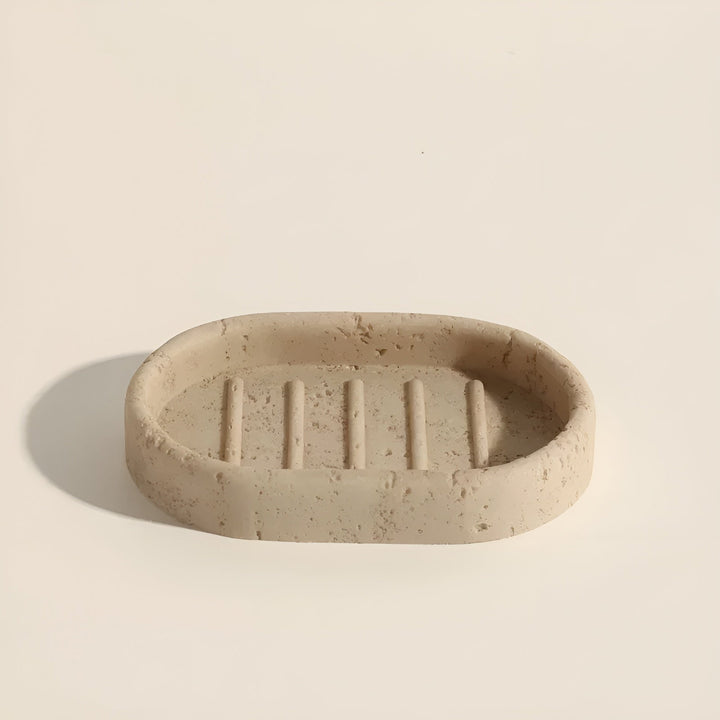 Natural stone toothbrush holder – with soap dispenser and shelf | Elegant bathroom accessories made of travertine | Stornfield
