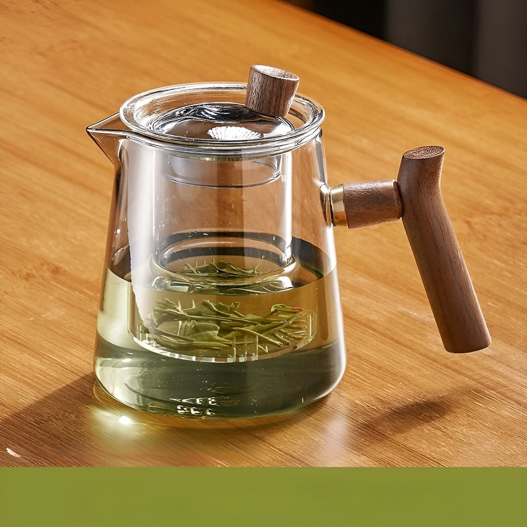 Glass tea cup with wooden handle - Heat resistant & with tea strainer | Ideal for home | Stornfield