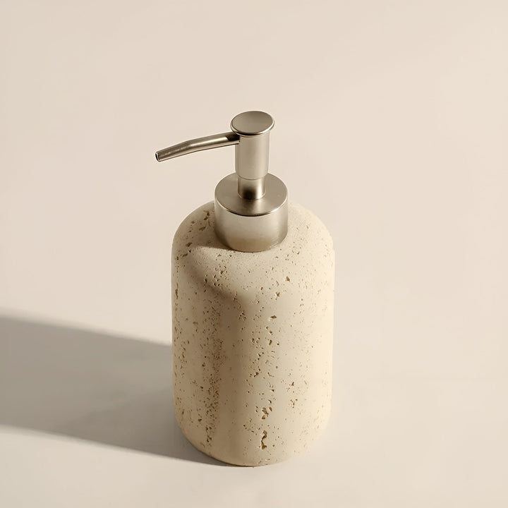 Natural stone toothbrush holder – with soap dispenser and shelf | Elegant bathroom accessories made of travertine | Stornfield