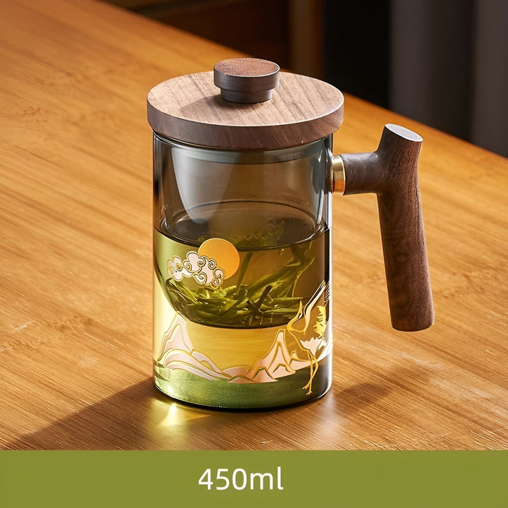 Glass tea cup with wooden handle - Heat resistant & with tea strainer | Ideal for home | Stornfield