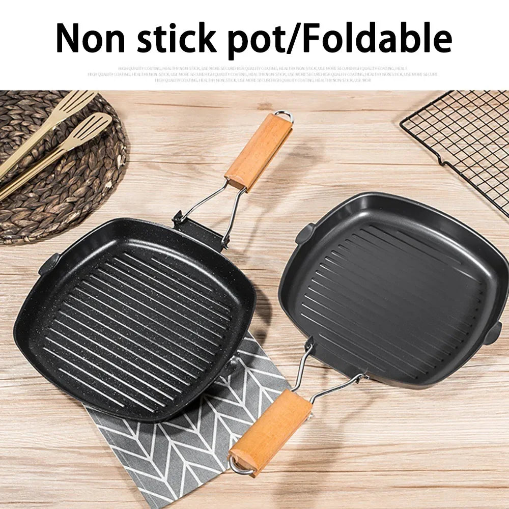 Nonstick Cast Iron Grill Pan Foldable Frying Pan with Wooden Handle | Stornfield