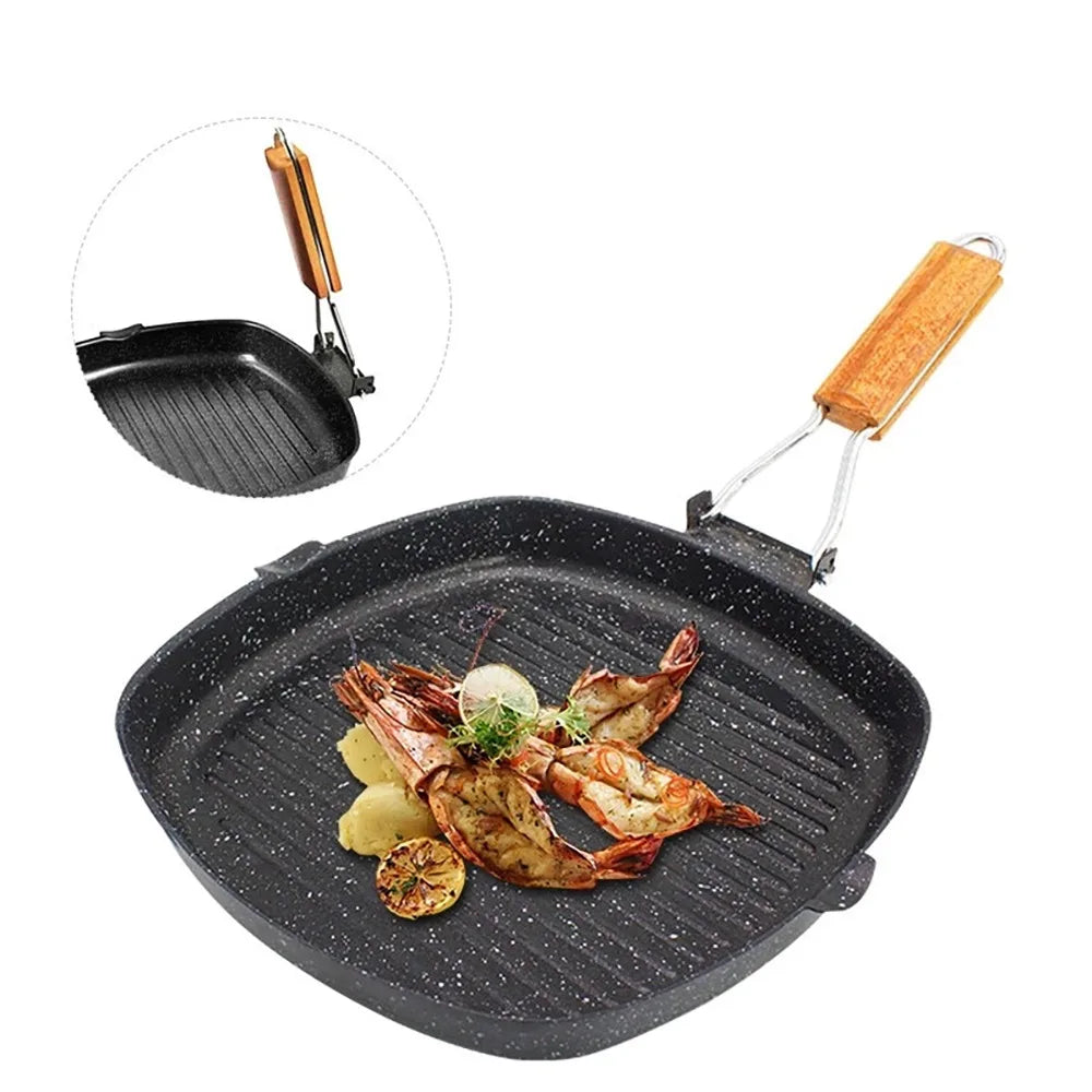 Non-stick Cast Iron Grill Pan Foldable Frying Pan with Wooden Handle | Stornfield