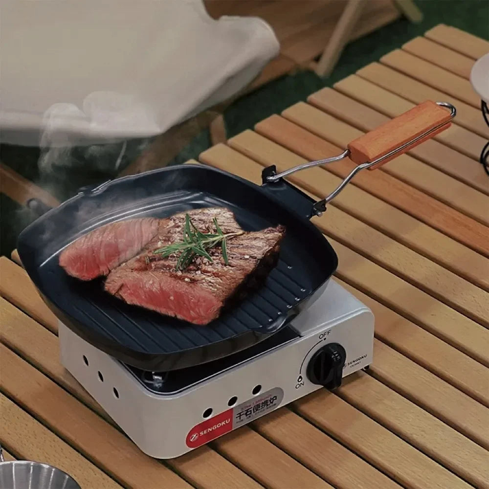 Nonstick Cast Iron Grill Pan Foldable Frying Pan with Wooden Handle | Stornfield