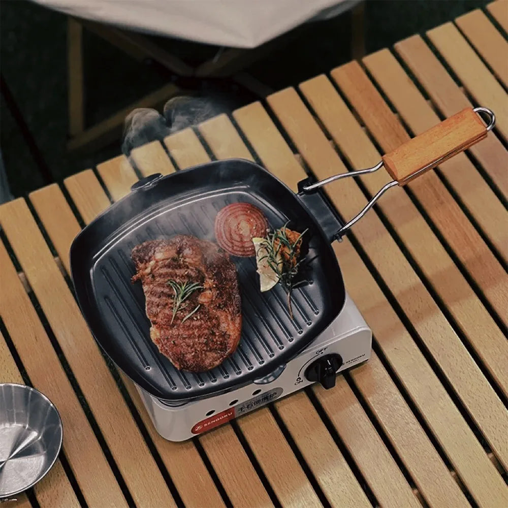 Nonstick Cast Iron Grill Pan Foldable Frying Pan with Wooden Handle | Stornfield