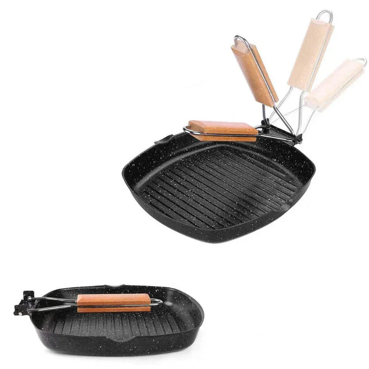 Nonstick Cast Iron Grill Pan Foldable Frying Pan with Wooden Handle | Stornfield