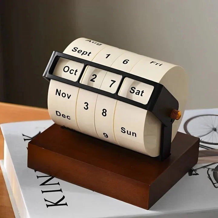 Modern Perpetual Wheel Desk Calendar in Wood and Metal | Stornfield