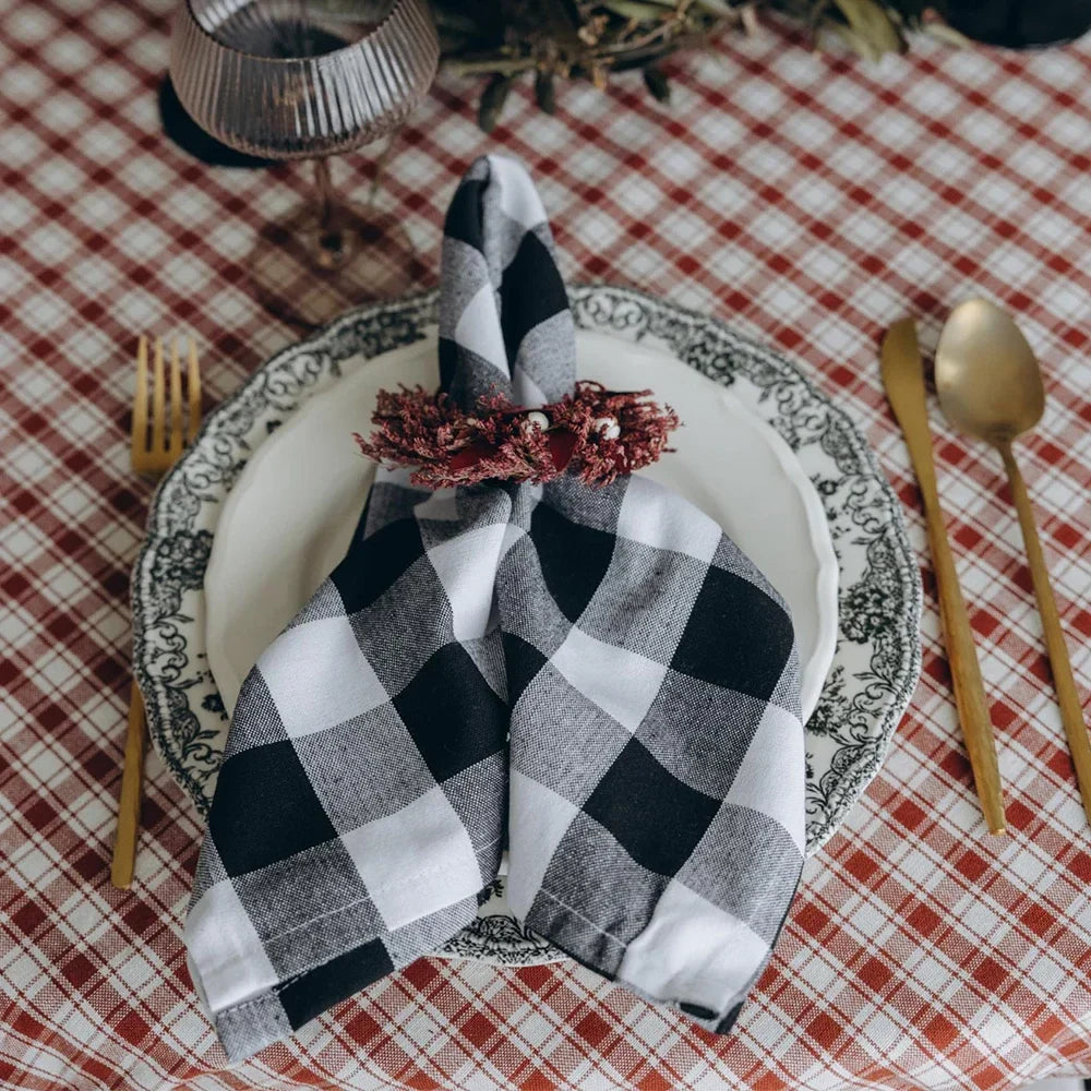 Set of 4 Cotton Checked Fringe Napkins Reusable Fabric Napkins | Stornfield