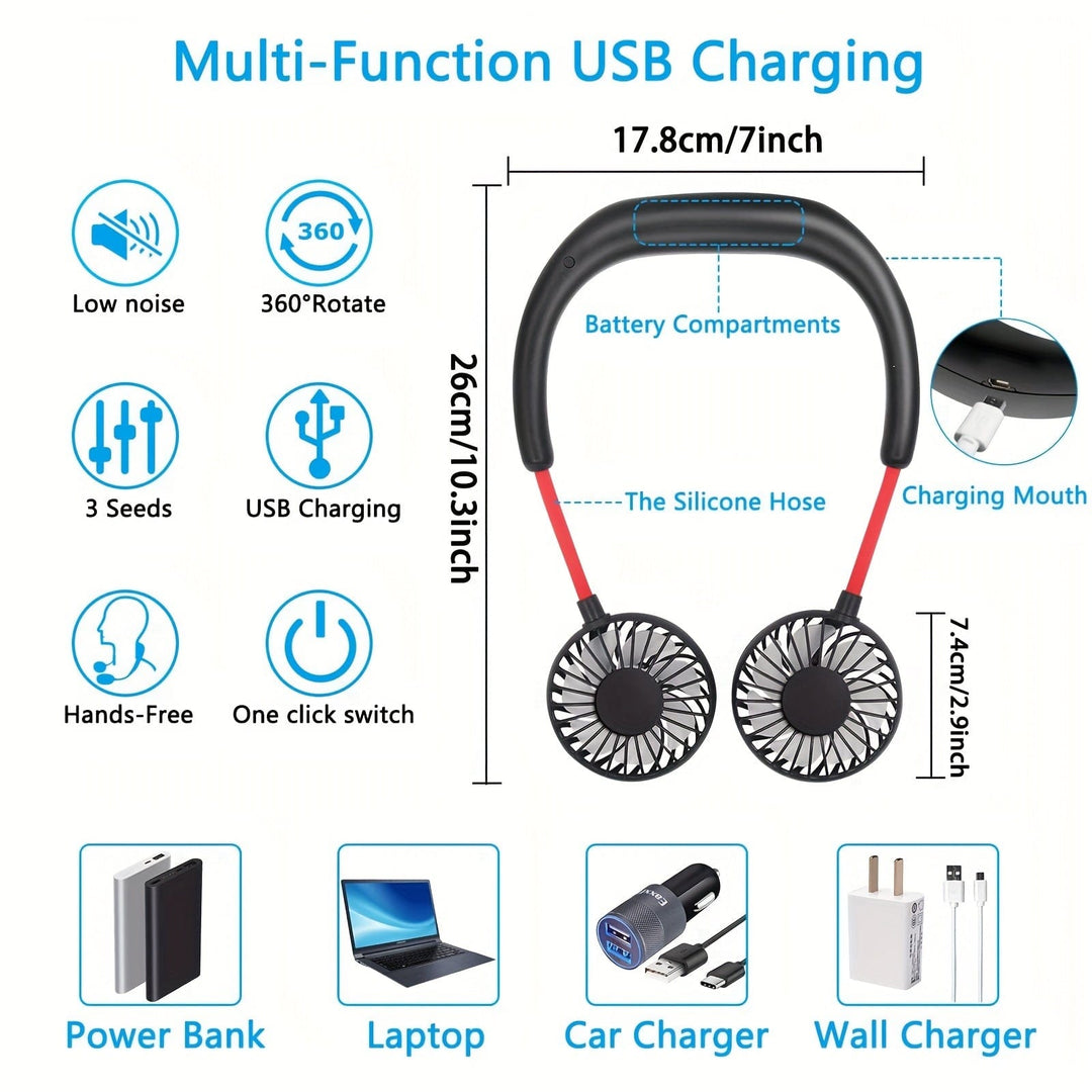 1pc USB Rechargeable Portable Neck Fan - Hands-Free Personal Wear Fan with 360° Adjustable 3-Speed Settings for Travel, Office, Home, and Outdoor Use | Stornfield