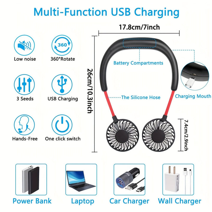 1pc USB Rechargeable Portable Neck Fan - Hands-Free Personal Wear Fan with 360° Adjustable 3-Speed Settings for Travel, Office, Home, and Outdoor Use | Stornfield
