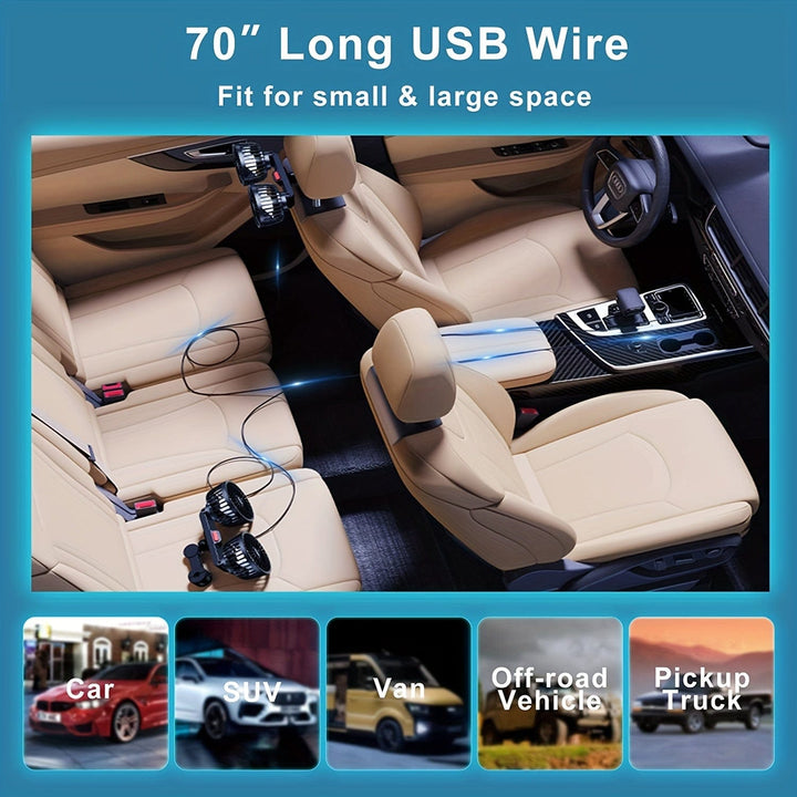 1pc Car Fan, Car Small Air Conditioner, Double-headed Rear Fan, Strong Wind, 360 Degrees Rotation, Large Air Volume, Subwoofer Operation, Base Fixed Clip Mounting Method, Suitable For Car Home | Stornfield