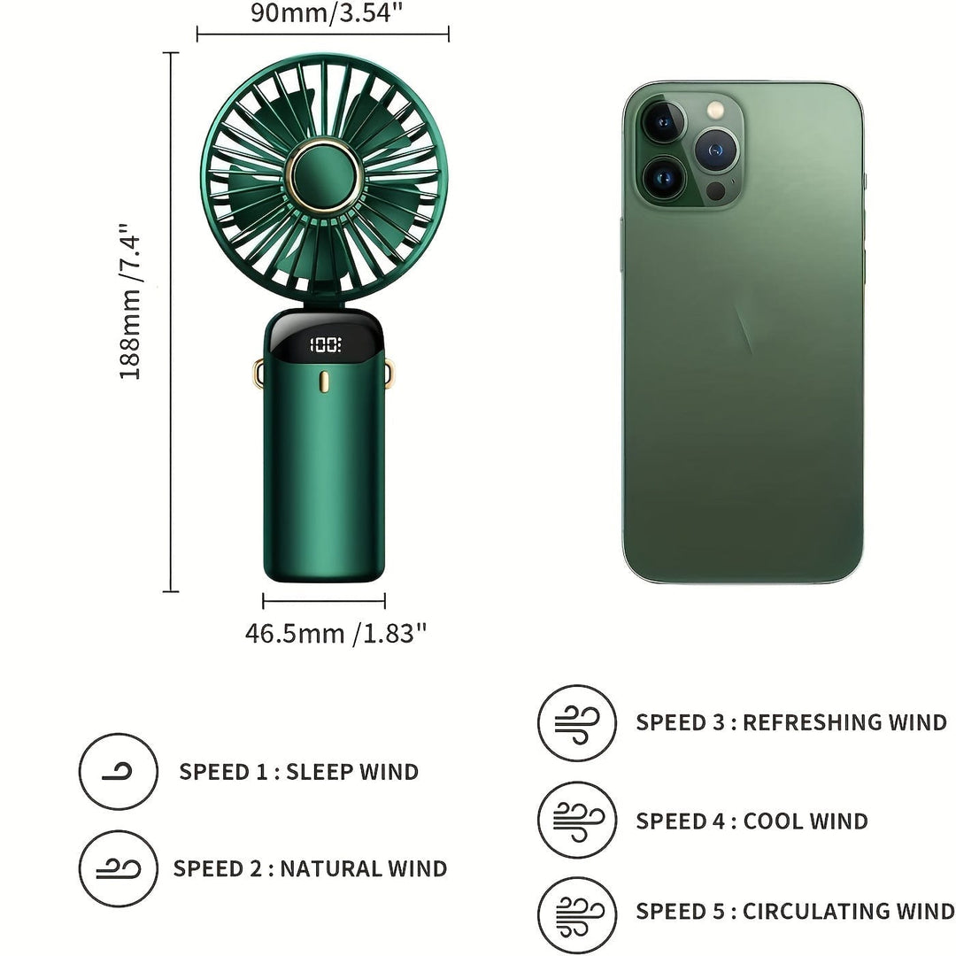 Portable Handheld Mini Fan USB Rechargeable with LED Display 5 Speeds 90° Foldable Battery Operated for Office Bedroom Outdoor Travel Camping Back to School Supplies | Stornfield