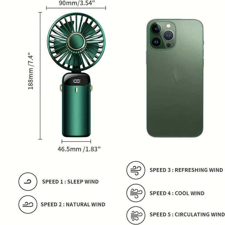 Portable Handheld Mini Fan USB Rechargeable with LED Display 5 Speeds 90° Foldable Battery Operated for Office Bedroom Outdoor Travel Camping Back to School Supplies | Stornfield