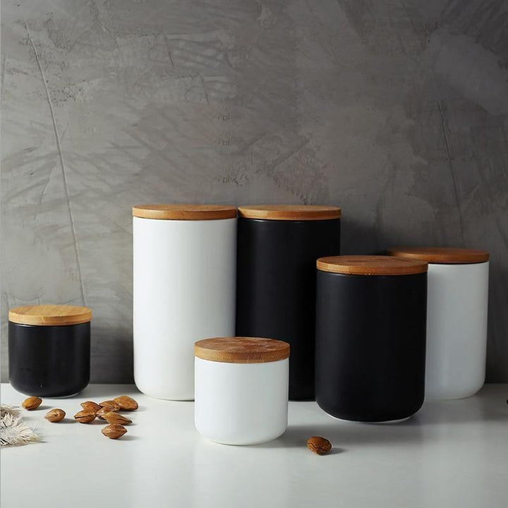 Stornfield | BambooNest Ceramic Storage Boxes with Bamboo Lid | Elegant Storage | Perfect for Kitchen & Bathroom | Available in Black and White