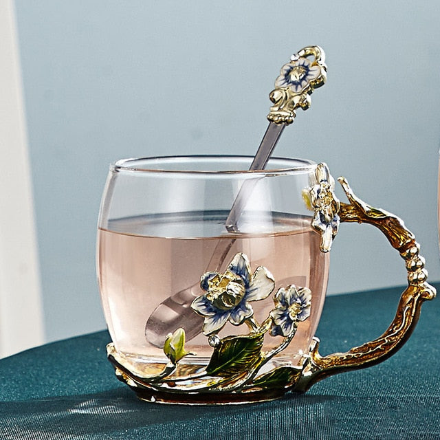 Stornfield | Hand-painted Enamel Flower Glass Mug for a Couple's Love Gift, can be used for coffee, scented tea, or even lemonade.