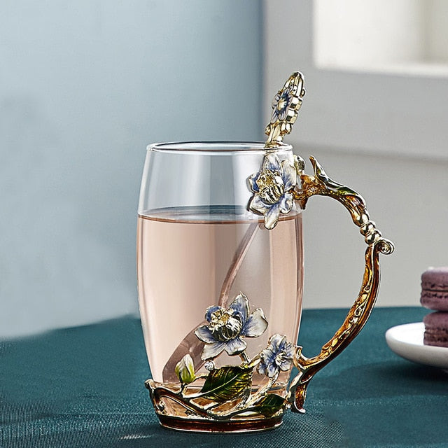 Stornfield | Hand-painted Enamel Flower Glass Mug for a Couple's Love Gift, can be used for coffee, scented tea, or even lemonade.
