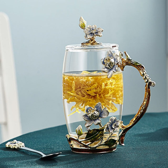 Stornfield | Hand-painted Enamel Flower Glass Mug for a Couple's Love Gift, can be used for coffee, scented tea, or even lemonade.