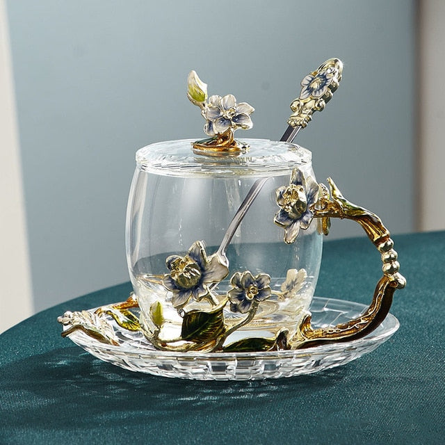 Stornfield | Hand-painted Enamel Flower Glass Mug for a Couple's Love Gift, can be used for coffee, scented tea, or even lemonade.
