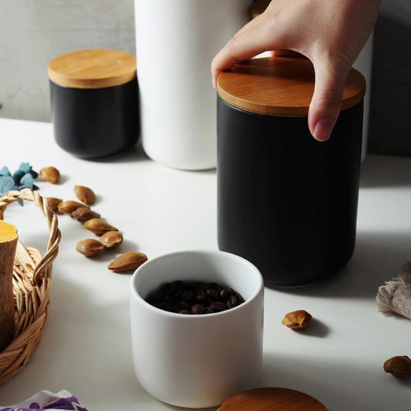 Stornfield | BambooNest Ceramic Storage Boxes with Bamboo Lid | Elegant Storage | Perfect for Kitchen & Bathroom | Available in Black and White