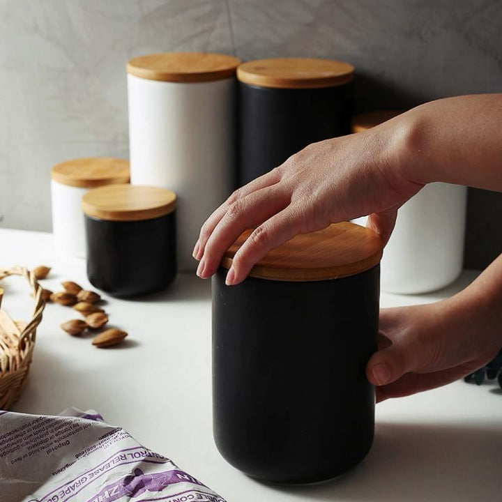 Stornfield | BambooNest Ceramic Storage Boxes with Bamboo Lid | Elegant Storage | Perfect for Kitchen & Bathroom | Available in Black and White