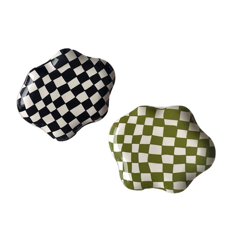 Scalloped Edge Checkerboard Tray - Black, Green | Stornfield