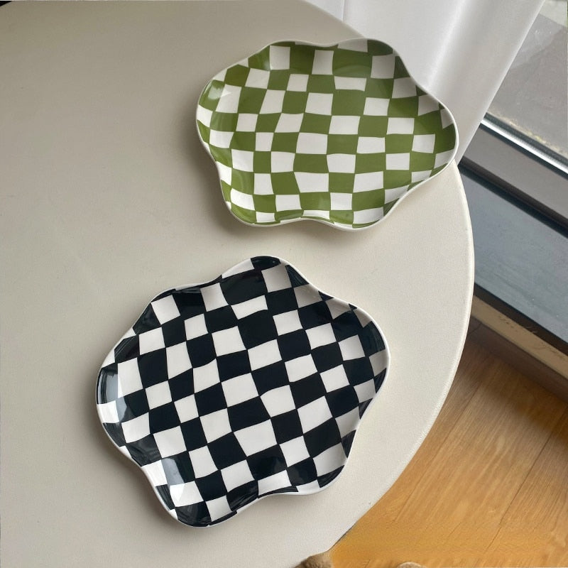 Scalloped Edge Checkerboard Tray - Black, Green | Stornfield