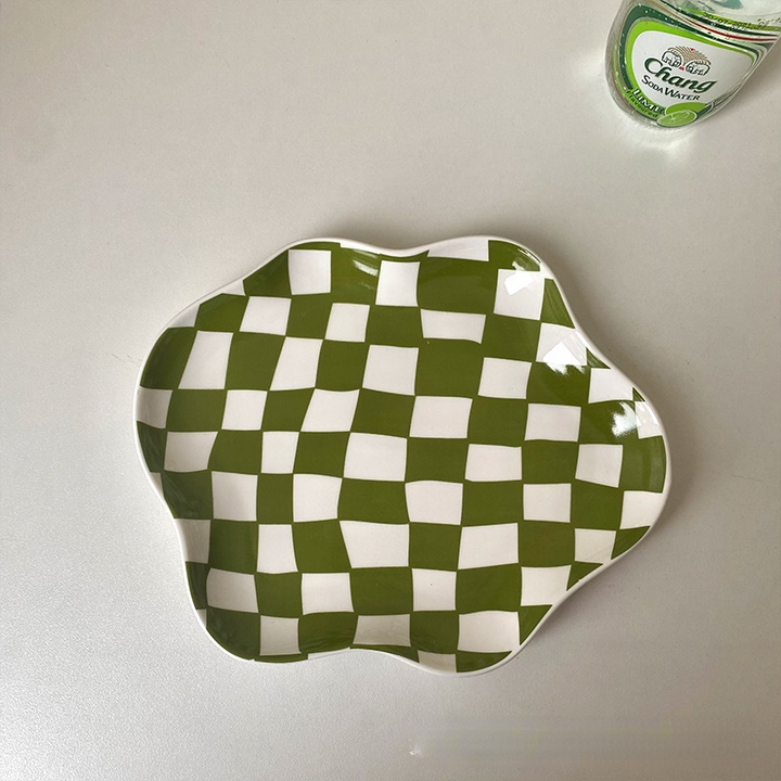 Scalloped Edge Checkerboard Tray - Black, Green | Stornfield