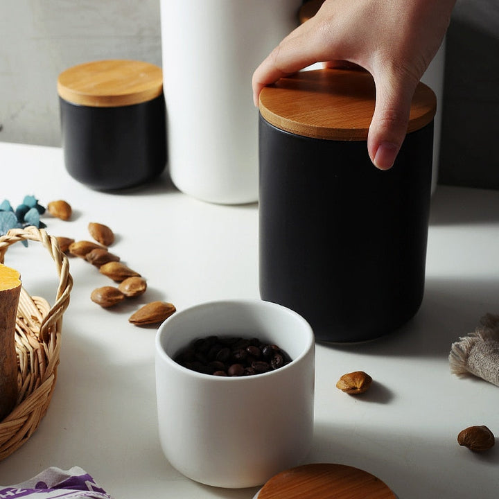 Modern Ceramic Storage Jar with Wooden Lid – Black or White | Stornfield