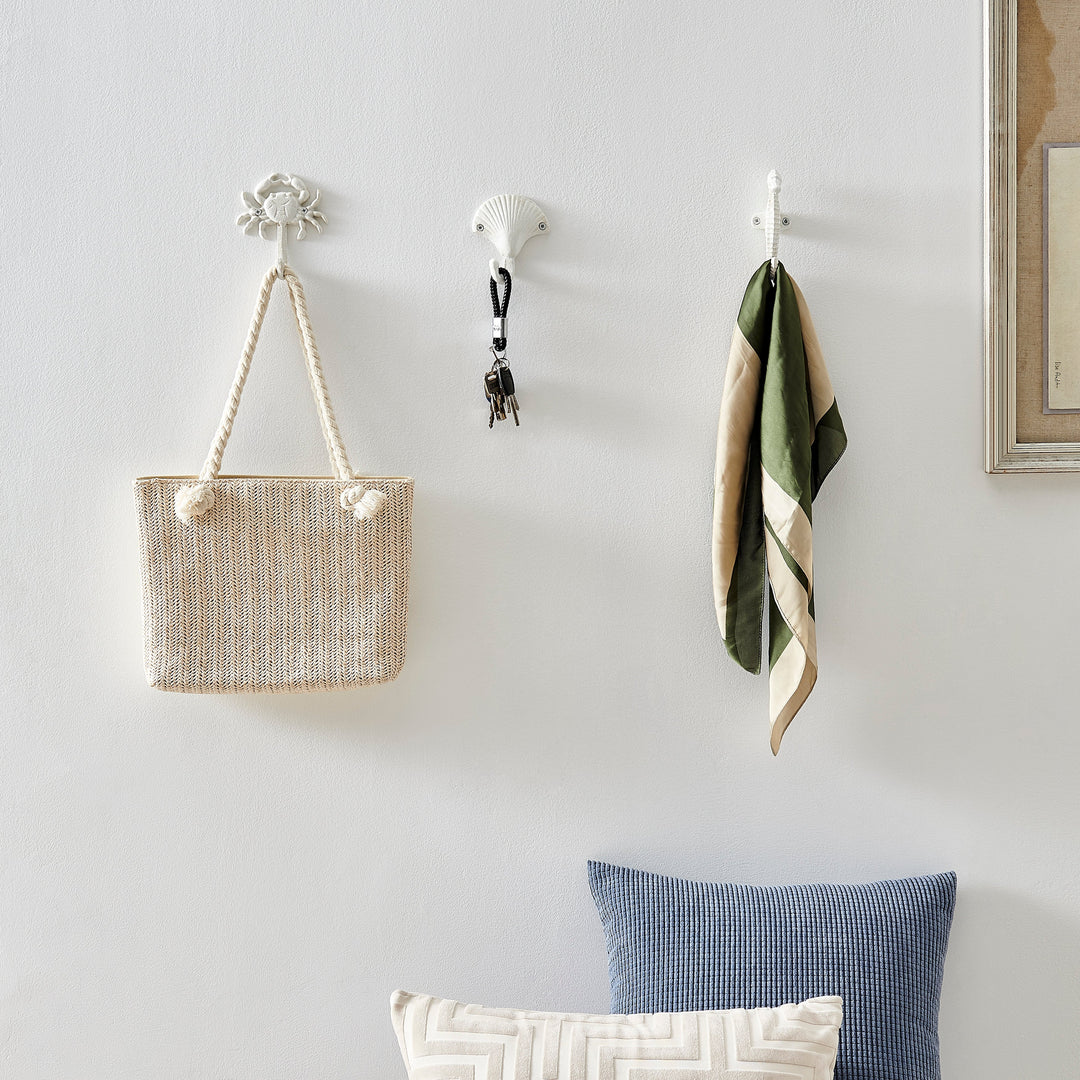 Stornfield | Nautical White Cast Iron Decorative Sculpture Ocean Figure Utility Wall Hook Set of 3 - Seashell, Crab, Seahorse