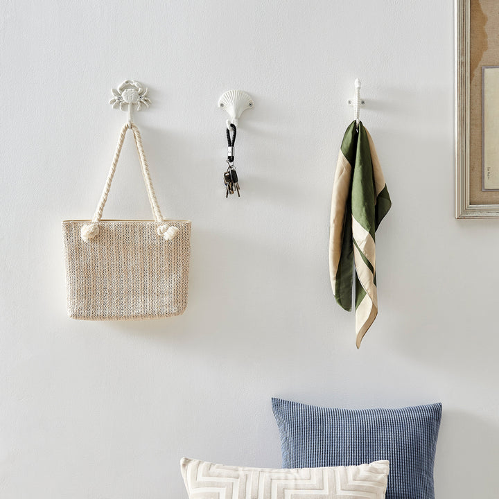 Stornfield | Nautical White Cast Iron Decorative Sculpture Ocean Figure Utility Wall Hook Set of 3 - Seashell, Crab, Seahorse