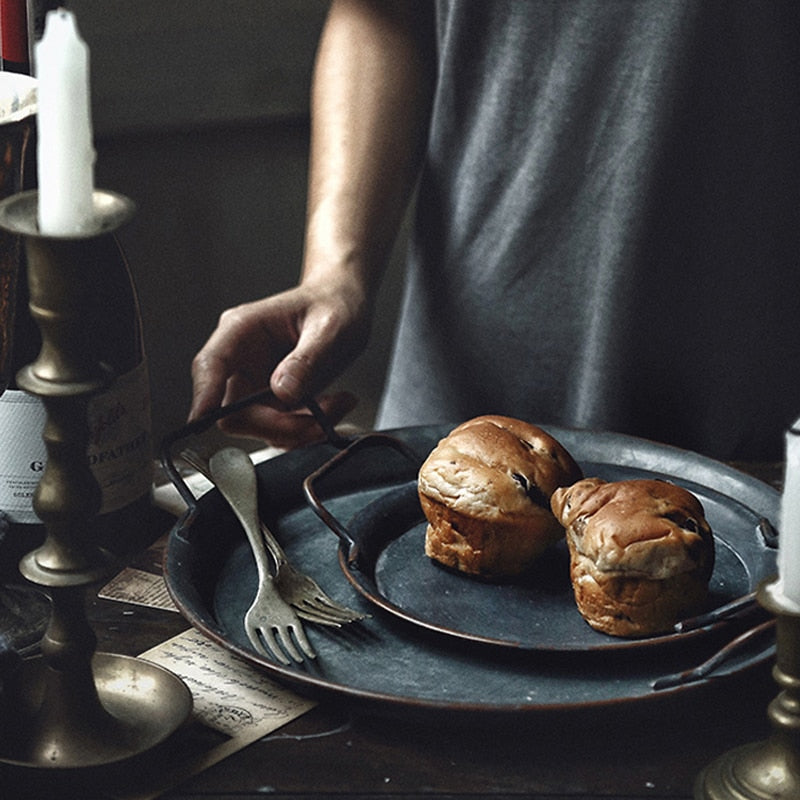 Retro Metal Plate With Handles Handcrafted Vintage Storage Bread Tray | Stornfield