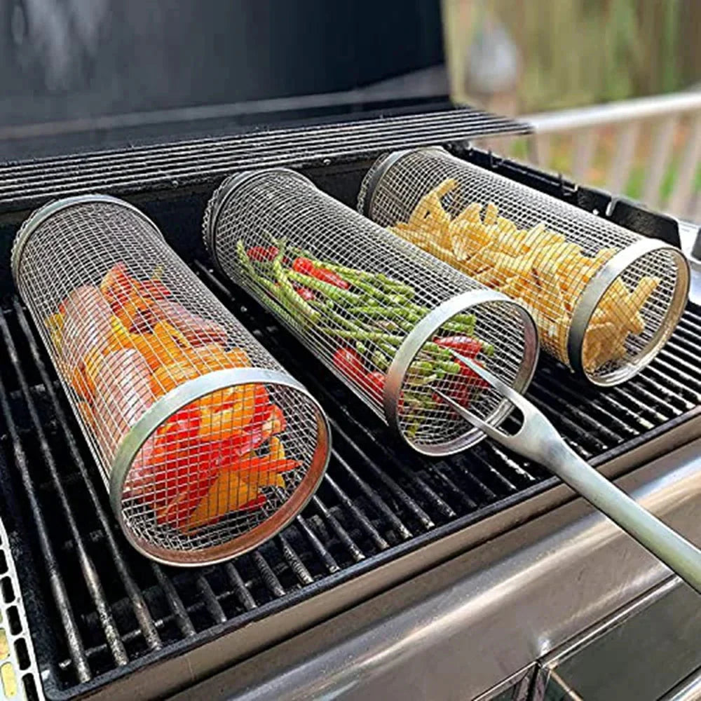 Rolling BBQ Basket Grilling Basket Ever Round Stainless Steel Grill Mesh | Stornfield
