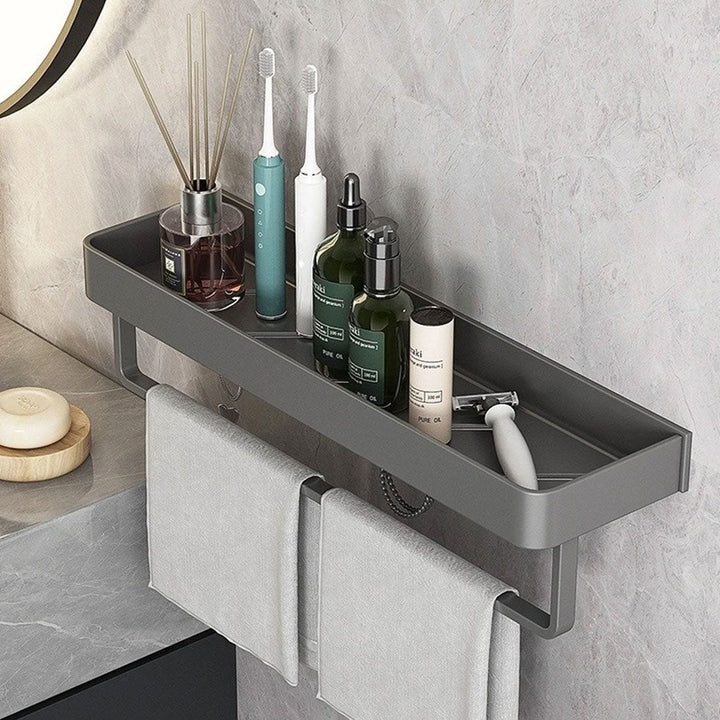 Contemporary Sleek Gray Bathroom Shelves with Towel Holder | Stornfield