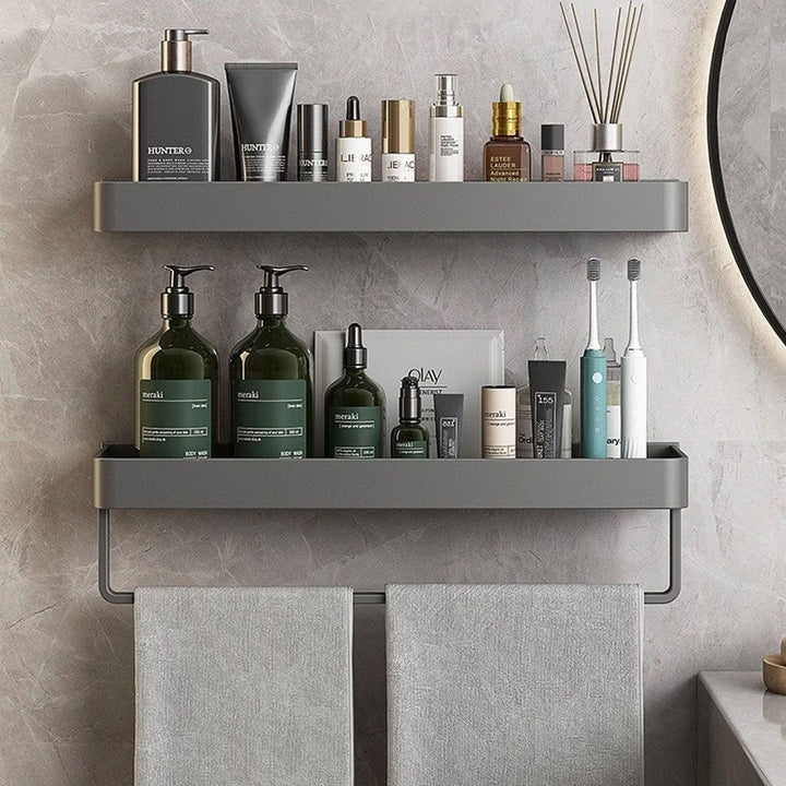 Contemporary Sleek Gray Bathroom Shelves with Towel Holder | Stornfield